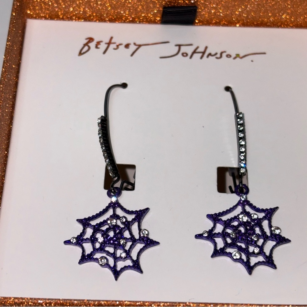 Betsey Johnson Halloween Gunmetal Purple Spider Web Dangle Earrings Drops Boxed
